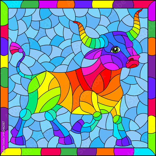 An illustration in the style of a stained glass window with an abstract rainbow bull in a bright frame, a rectangular image