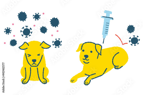 ウィルスに感染する犬と注射をする犬のイラスト