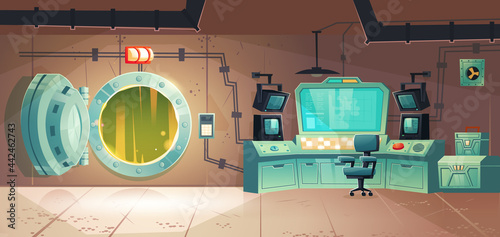 Underground bunker, scientific laboratory for secret project research. Headquarters base control room or command post with open vault door, information screen, red button Cartoon vector illustration