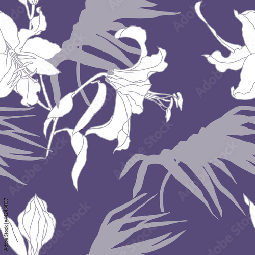 Graphics white lilies and palm leaves on purple grey background seamless pattern for all prints. photo