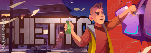 Graffiti painter in night ghetto cartoon banner. Boy teenager painting on brick wall with aerosol in dark cityscape with broken car. Vandalism or creative hobby occupation, vector web banner