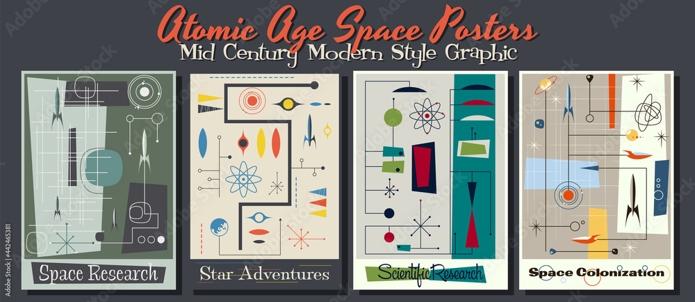 Atomic Age Space Posters, Mid Century Modern Style Graphic 