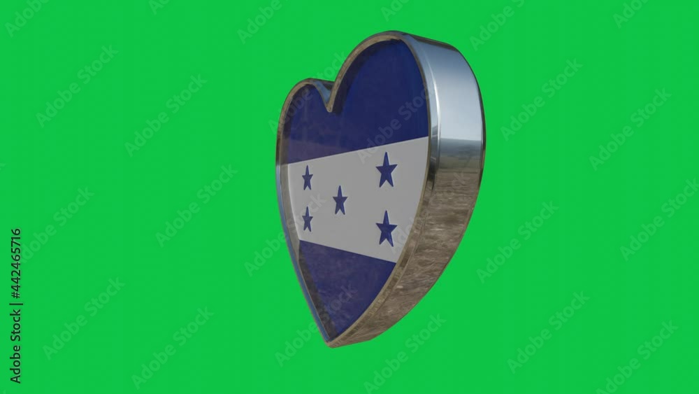 Flag of the Honduras in the shape of 3D heart.Looped video of 360 degrees rotation. Metallic heart with glass and relief elements of the country flag. Animation with green screen. Flag of the Honduras in the shape of 3D heart.Looped video of 360 degrees rotation. Metallic heart with glass and relief elements of the country flag. Animation with green screen.