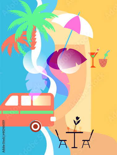 Abstract retro collage of summer holiday. Girl, beach, ocean, drinks, umbrella, palm trees. Vintage card, banner about vacation and vacation summer  © Anatolii