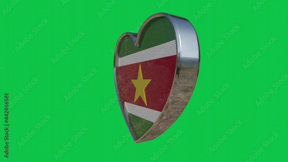 Flag of the Suriname in the shape of 3D heart.Looped video of 360 degrees rotation. Metallic heart with glass and relief elements of the country flag. Animation with green screen. Flag of the Suriname in the shape of 3D heart.Looped video of 360 degrees rotation. Metallic heart with glass and relief elements of the country flag. Animation with green screen.