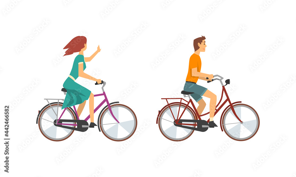 Young Man and Woman Riding Bicycle Enjoying Vacation or Weekend Activity Vector Set