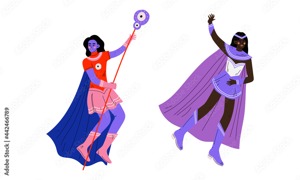 Superhero Woman Character Wearing Cloak Having Superpower Vector Set Superhero Woman Character Wearing Cloak Having Superpower Vector Set