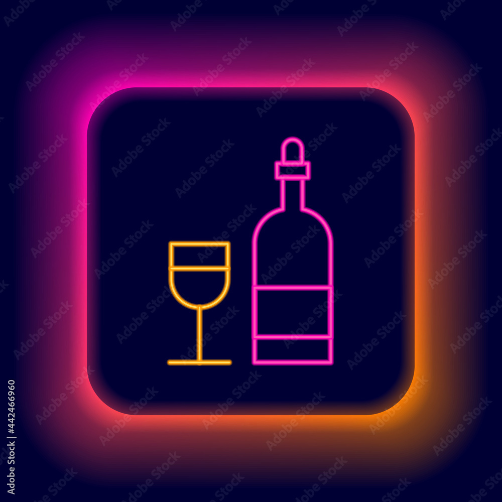 Glowing neon line Wine bottle with glass icon isolated on black background. Colorful outline concept. Vector Glowing neon line Wine bottle with glass icon isolated on black background. Colorful outline concept. Vector