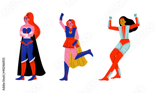 Superhero Woman Character Wearing Cloak Having Superpower Vector Set