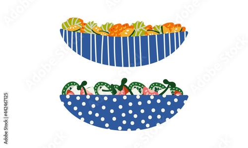 Salad with Mixed Greenery and Tomato Served in Bowl Vector Set