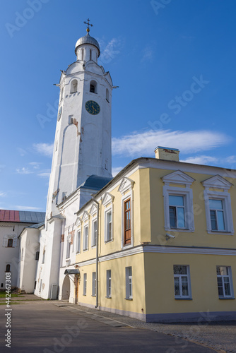The old clock tower (Chasozvonya, 1673) in the Kremlin of Veliky Novgorod on a sunny April day. Russia