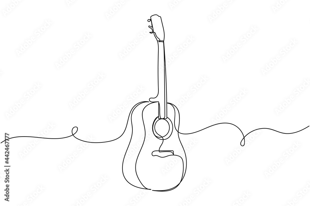 Continuous one line of acoustic guitar in silhouette on a white background. Linear stylized.Minimalist. - obrazy, fototapety, plakaty 