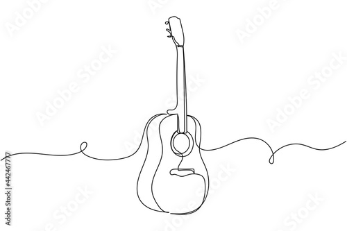 Continuous one line of acoustic guitar in silhouette on a white background. Linear stylized.Minimalist. photo