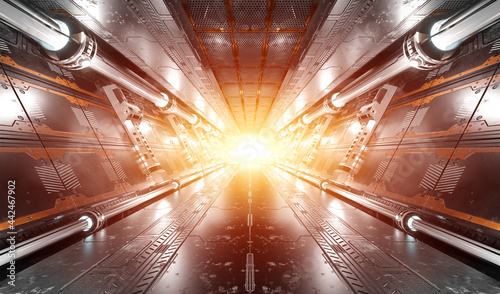 Fototapeta Naklejka Na Ścianę i Meble -  White and silver futuristic spaceship interior with window view on planet Earth 3d rendering