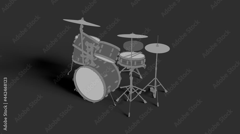 Isometrick front side view Toon line style Drum Set isolated on grey background 3d rendering image