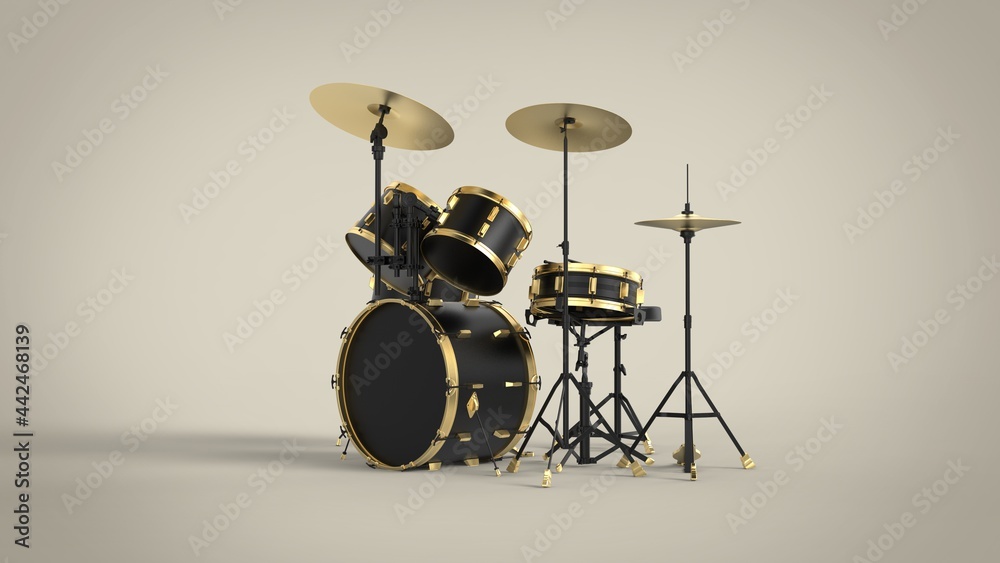 Right side view of professional black drum kit with gold lines isolated on solid brown background 3d rendering image