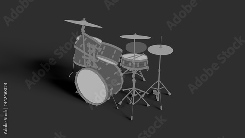 Isometrick front side view Toon line style Drum Set isolated on grey background 3d rendering image