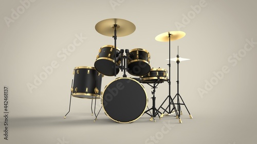 Front view of professional black drum kit with gold lines isolated on solid brown background 3d rendering image