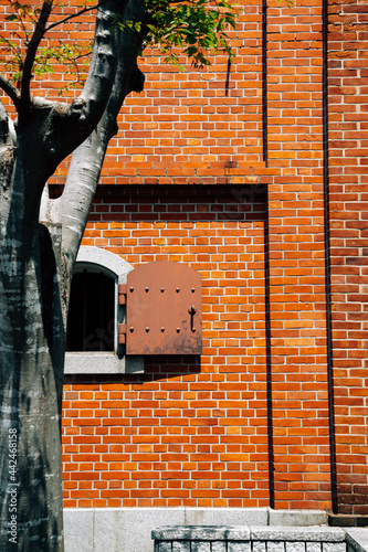 Brick wall and tree, Ozu Redbrick Hall Akarenga-kan in Ehime, Shikoku, Japan photo