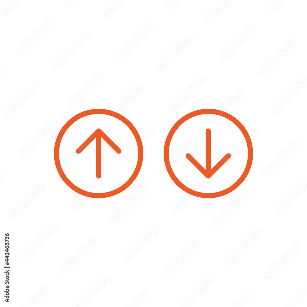 scroll the page, swipe up and down pictograms set. red thin rounded arrow up in circle icon. scroll the page, swipe up and down pictograms set. red thin rounded arrow up in circle icon.