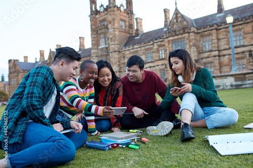 Group of young university students hanging out sitting on grass studying and using devices photo