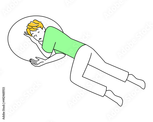熱中症等の体調不良で倒れたので横向きに寝て安静にしている可愛い男性 回復体位 イラスト ベクター