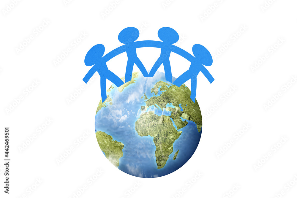 Blue people paper holding hands standing on earth