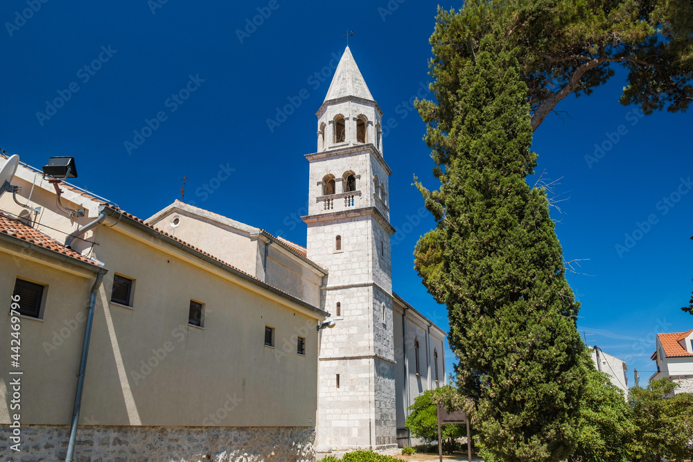 Historic architecture in Biograd, bell tower of St. Stosija church, Dalmatia, Croatia