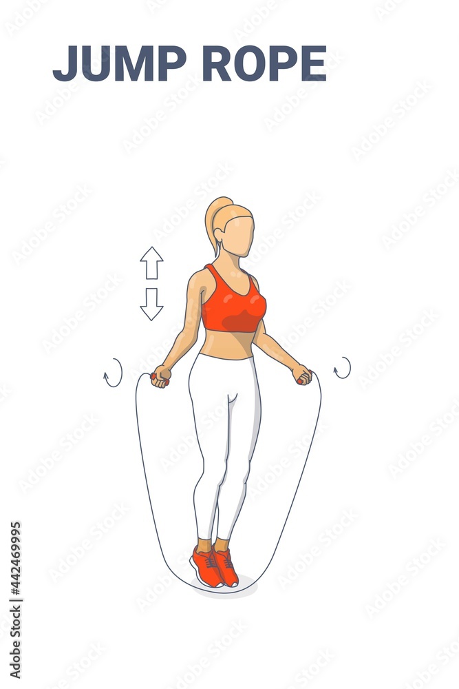 Girl Doing Jump Rope Exercise Fitness Home Workout Guidance Illustration.  Woman Skipping Rope. Stock Vector