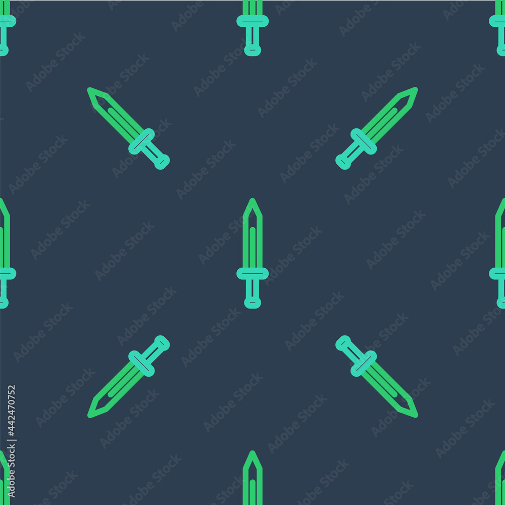 Line Medieval sword icon isolated seamless pattern on blue background. Medieval weapon. Vector Line Medieval sword icon isolated seamless pattern on blue background. Medieval weapon. Vector
