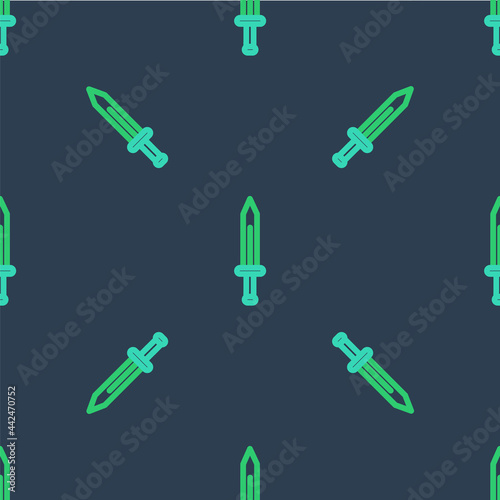Line Medieval sword icon isolated seamless pattern on blue background. Medieval weapon. Vector