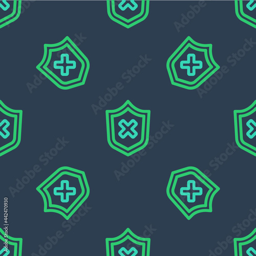 Line Shield with cross mark icon isolated seamless pattern on blue background. Shield and rejected. Notice of refusal. Vector