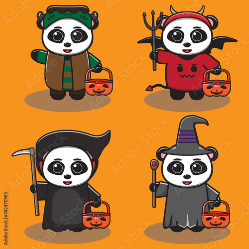Vector illustration of cute Panda Halloween cartoon. Frankenstein  Devil  Reaper and Wizard costume set. Good for icon  logo  label  sticker  clipart.