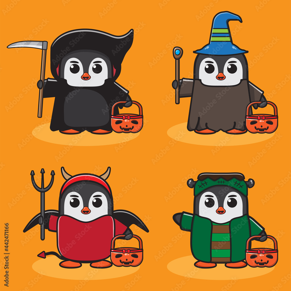 Vector illustrations of cute Cartoon Penguin Halloween set. Reaper, Wizard, Devil and frankenstein costume set. Good for icon, logo, label, sticker, clipart.