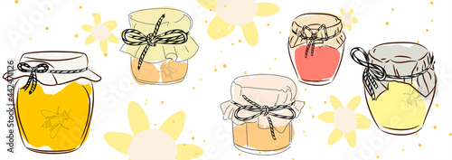 honey pot, natural organic farm product, vector illustration set