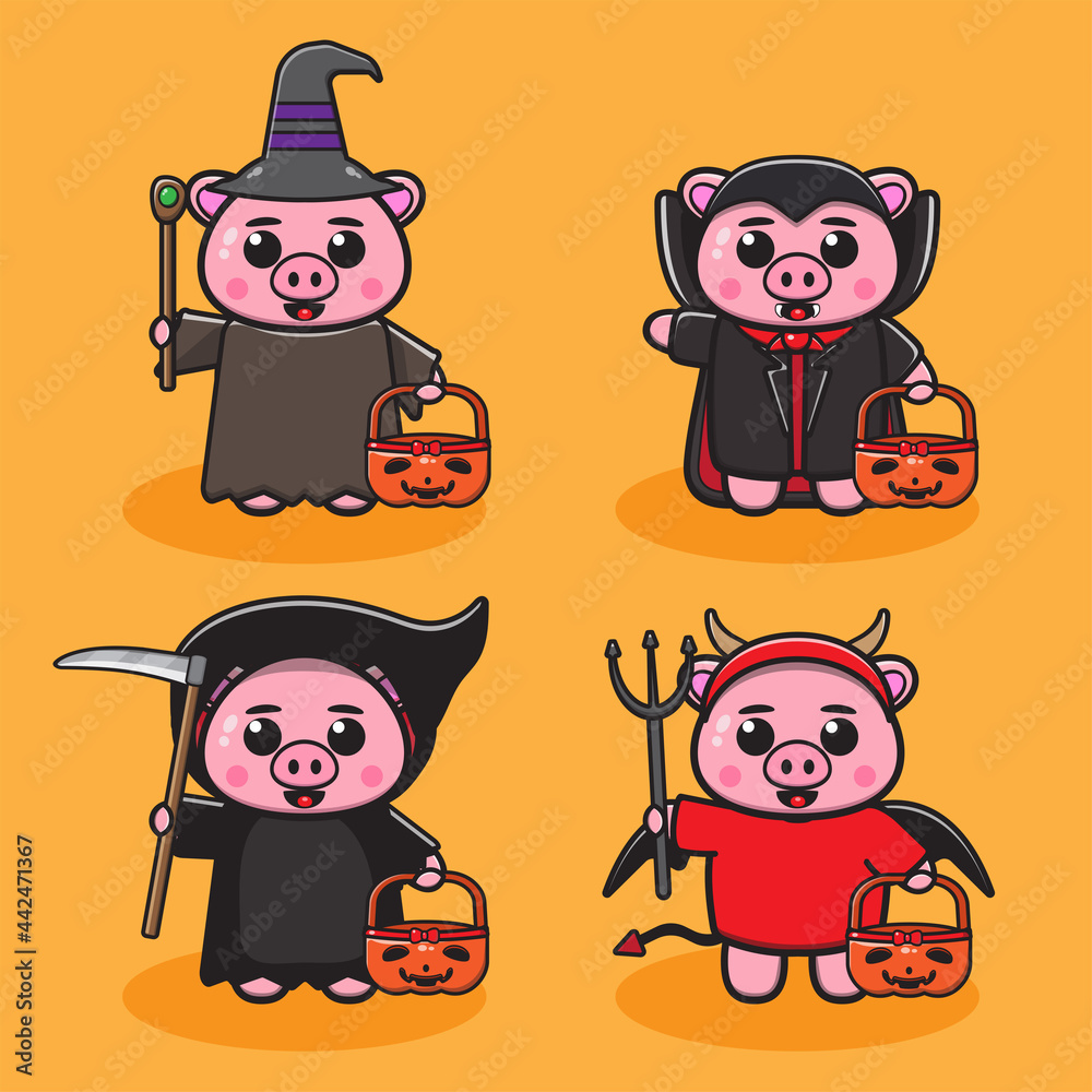 Vector illustration of cute Pig Halloween cartoon. Wizard, Dracula, Reaper and devil costume set. Good for icon, logo, label, sticker, clipart. Vector illustration of cute Pig Halloween cartoon. Wizard, Dracula, Reaper and devil costume set. Good for icon, logo, label, sticker, clipart.