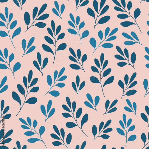 Seamless pattern with simple abstract blue leaves and branches on a delicate pink background. Floristic print for textiles  packaging.