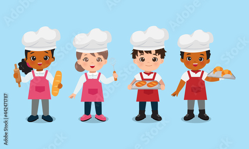 Cute boy and girl with freshly baked bread. Bakery chef clip art. Flat vector cartoon design