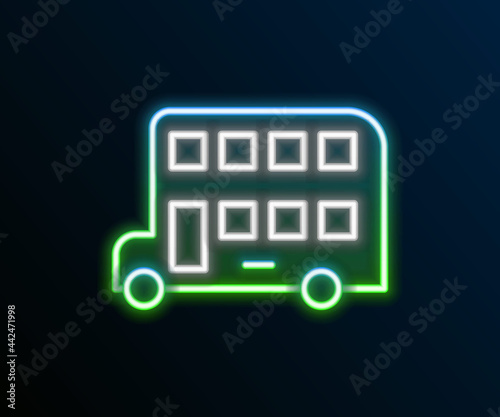 Glowing neon line Double decker bus icon isolated on black background. London classic passenger bus. Public transportation symbol. Colorful outline concept. Vector