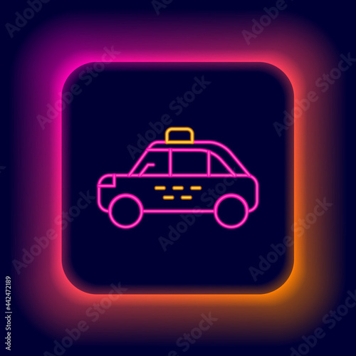Glowing neon line Taxi car icon isolated on black background. Colorful outline concept. Vector