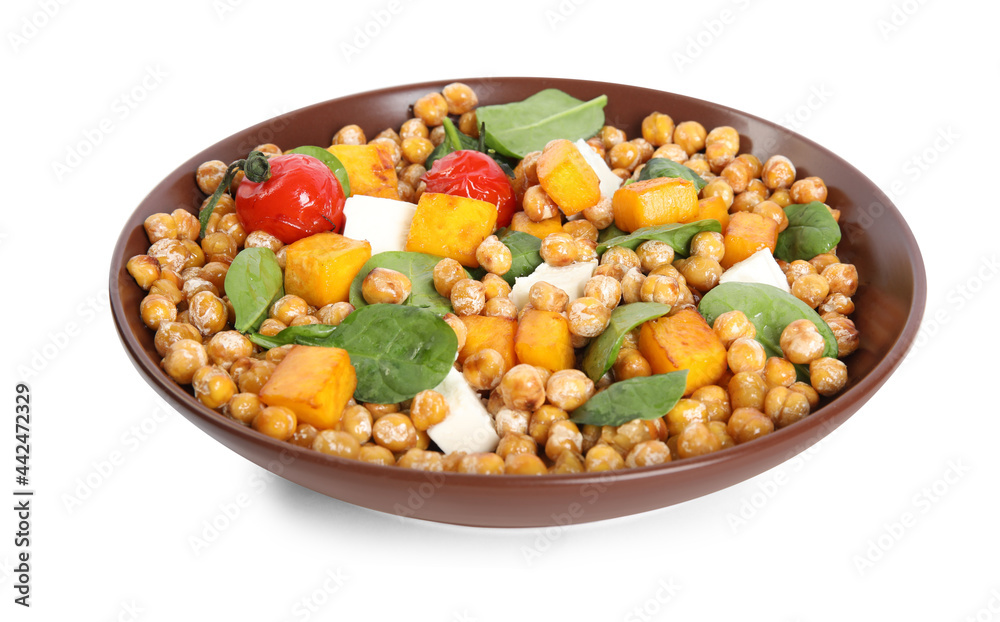 Dish with delicious fresh chickpea salad isolated on white Dish with delicious fresh chickpea salad isolated on white