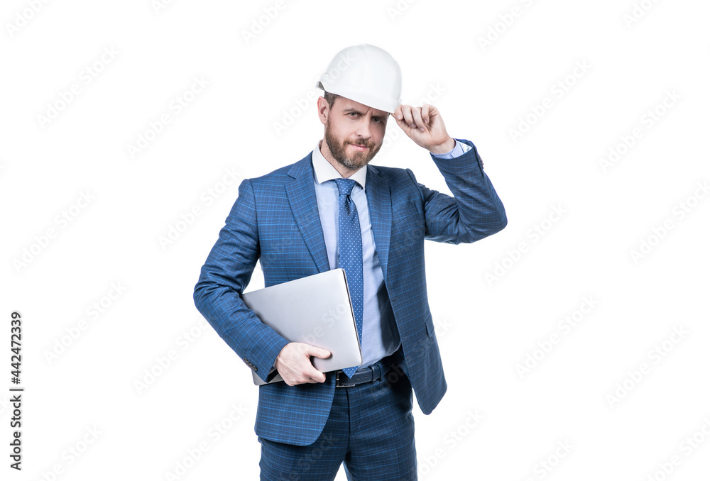 confident businessman man in suit and helmet hold computer isolated on white, safety business confident businessman man in suit and helmet hold computer isolated on white, safety business