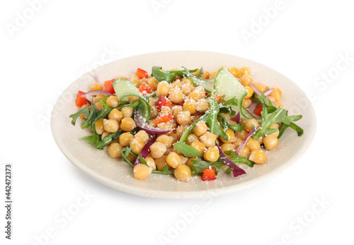 Plate with delicious fresh chickpea salad isolated on white