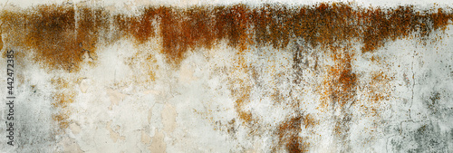 Porysowana, skorodowana tekstura, tło starego muru ogrodzeniowego. Kolory korozji w stonowanych odcieniach szarości. niebieskiego i brązu.. Panorama. photo