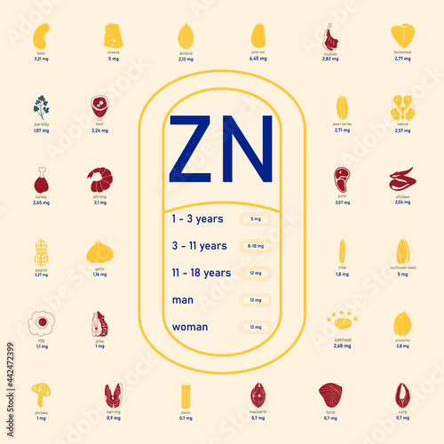 Zinc in product. The daily requirement of zinc. Minerals in food. Image of foods containing zinc. A healthy and nutritious diet.
