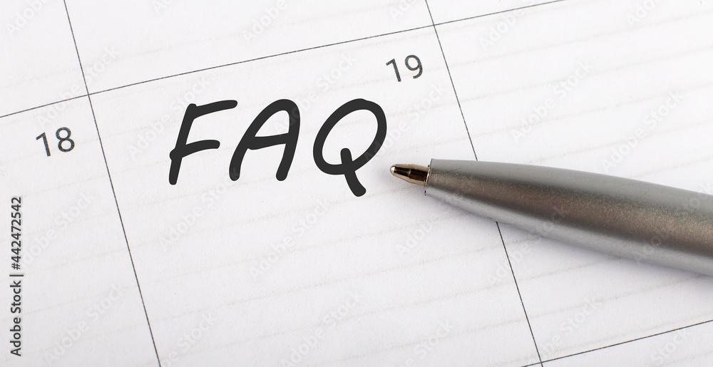 Text FAQ written on calendar planner to remind you an important appointment with a pen on isolated white background. Text FAQ written on calendar planner to remind you an important appointment with a pen on isolated white background.