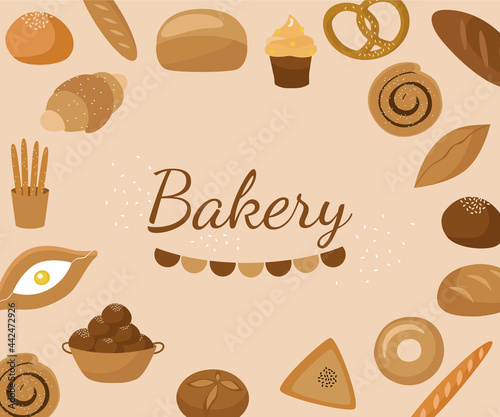 Bakery, pastries, bread and confectionery products, buns, baguette, loaf, croissant, cake, khachapuri. Banner, poster, sticker. The vector illustration is isolated