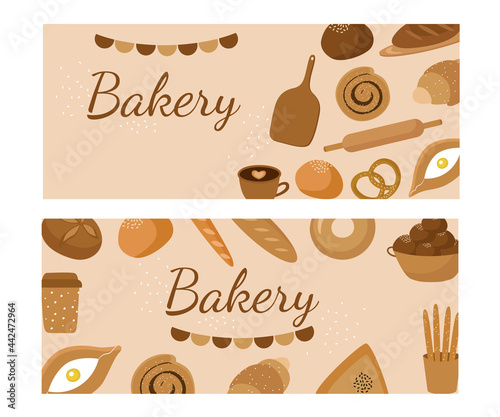 Bakery-banner, flyer, poster. Pastries, bread and confectionery products, buns, baguette, loaf, croissant, cake, khachapuri. a sticker. The vector illustration is isolated.