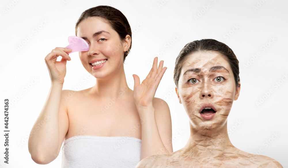 Portrait of a surprised woman with big wrinkles on her face and dry skin, and a beautiful smiling woman with a gua sha scraper. Before and after. The concept of rejuvenation and skin care Portrait of a surprised woman with big wrinkles on her face and dry skin, and a beautiful smiling woman with a gua sha scraper. Before and after. The concept of rejuvenation and skin care