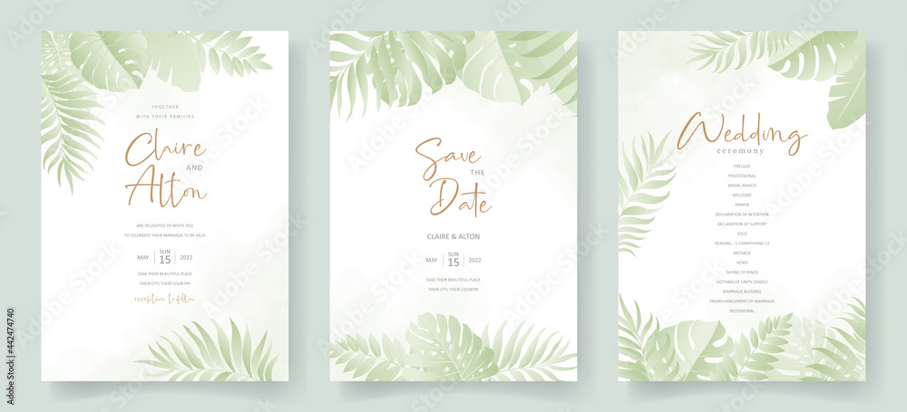 Summer wedding card design with tropical leaf ornament